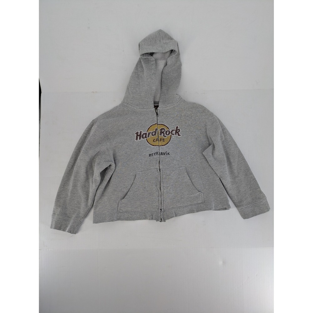 Y2K Hard Rock Cafe Reykjavik Iceland Zip Up Hoodie Kids XL Gray Distressed Retro